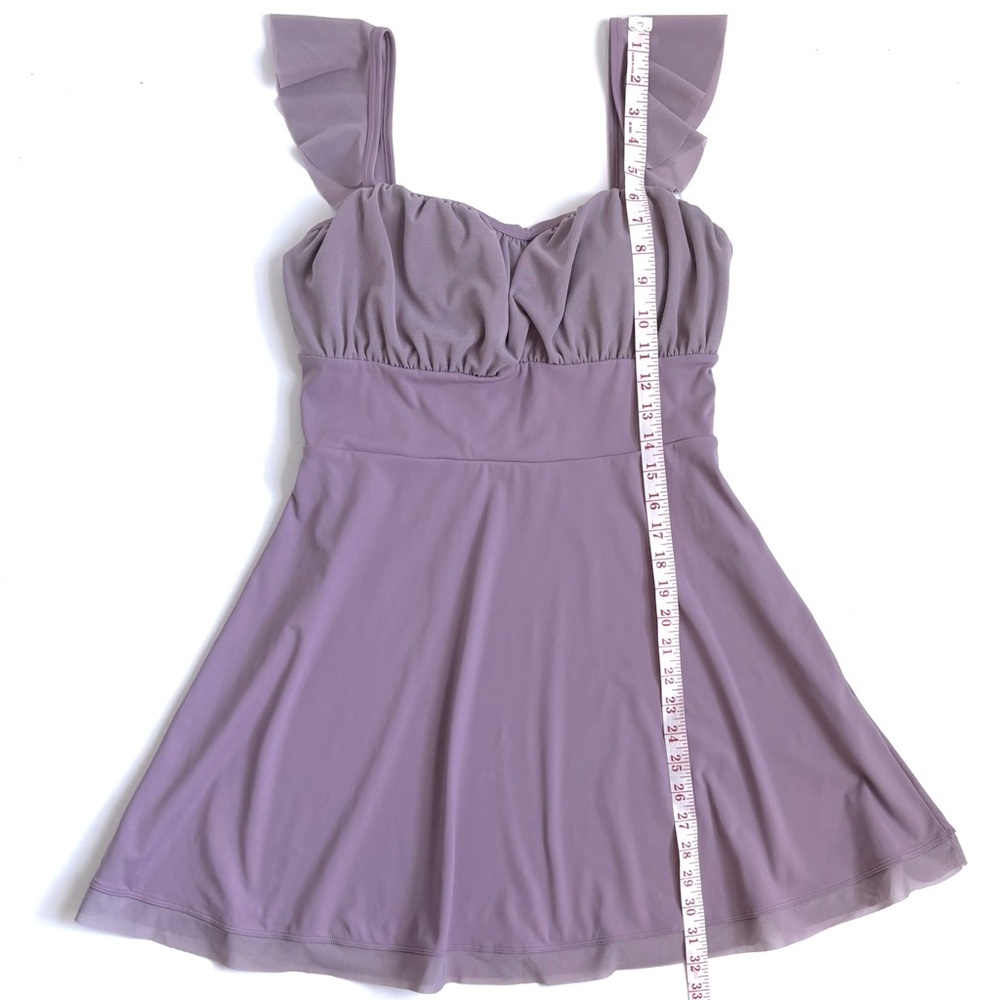 Halara Airy Softlyzero Ruffle Backless Lace Up Mesh Flare Mini Dress Elderberry - Picture 13 of 17